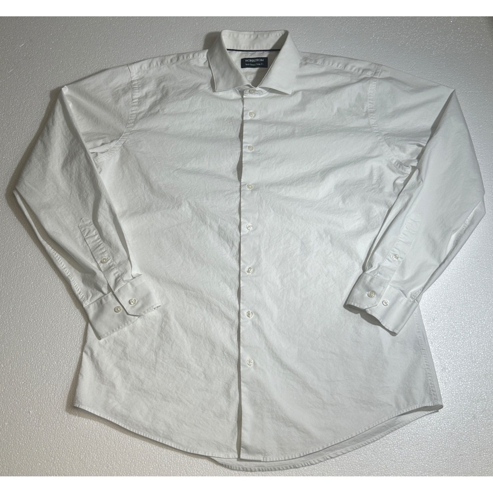 Nordstrom Tech-Smart Trim Fit Mens Dress Shirt White 17 34-35 Long Sleeve Button